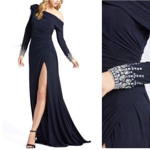 Mac Duggal 12231 Long Sleeve Jeweled Cuff Gown Midnight Blue NWT $398